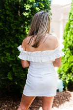 White Ruffle Off The Shoulder Mini Dress - Cute Bridal Shower Dresses- Kendry Collection Boutique