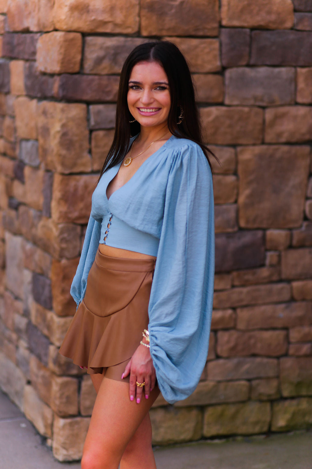 Blue Puff Sleeve Cropped Blouse - Kendry Collection Boutique