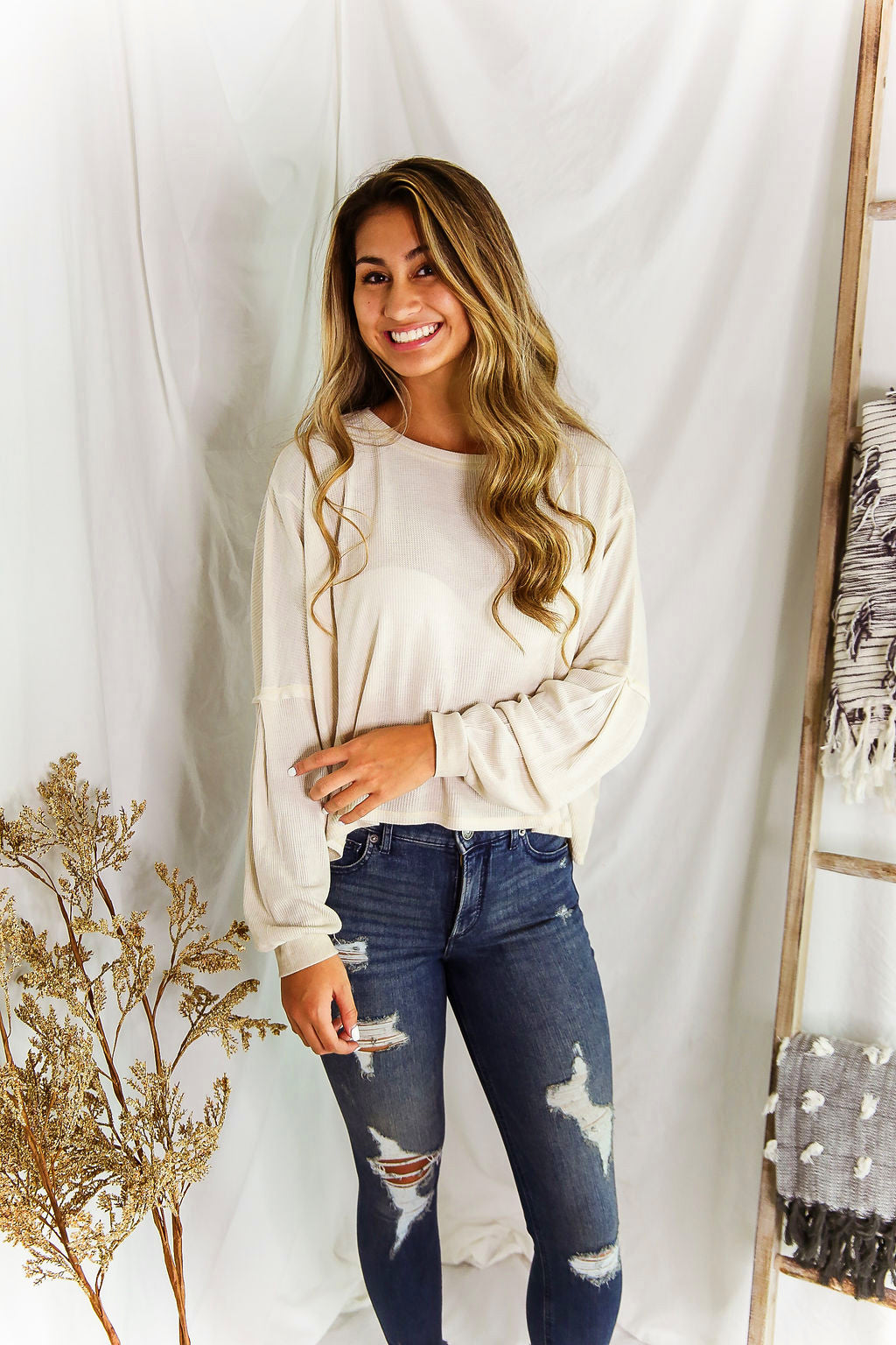 Oatmeal Long Sleeve High Low Waffle Top - Kendry Collection Boutique