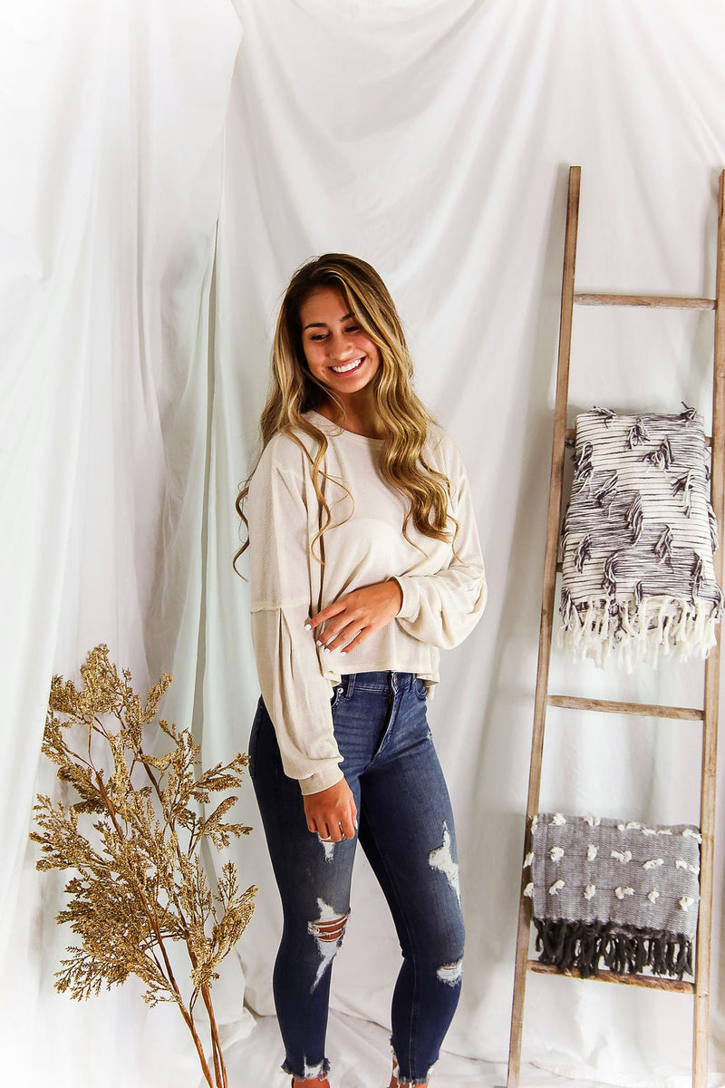 Oatmeal Long Sleeve High Low Waffle Top - Kendry Collection Boutique